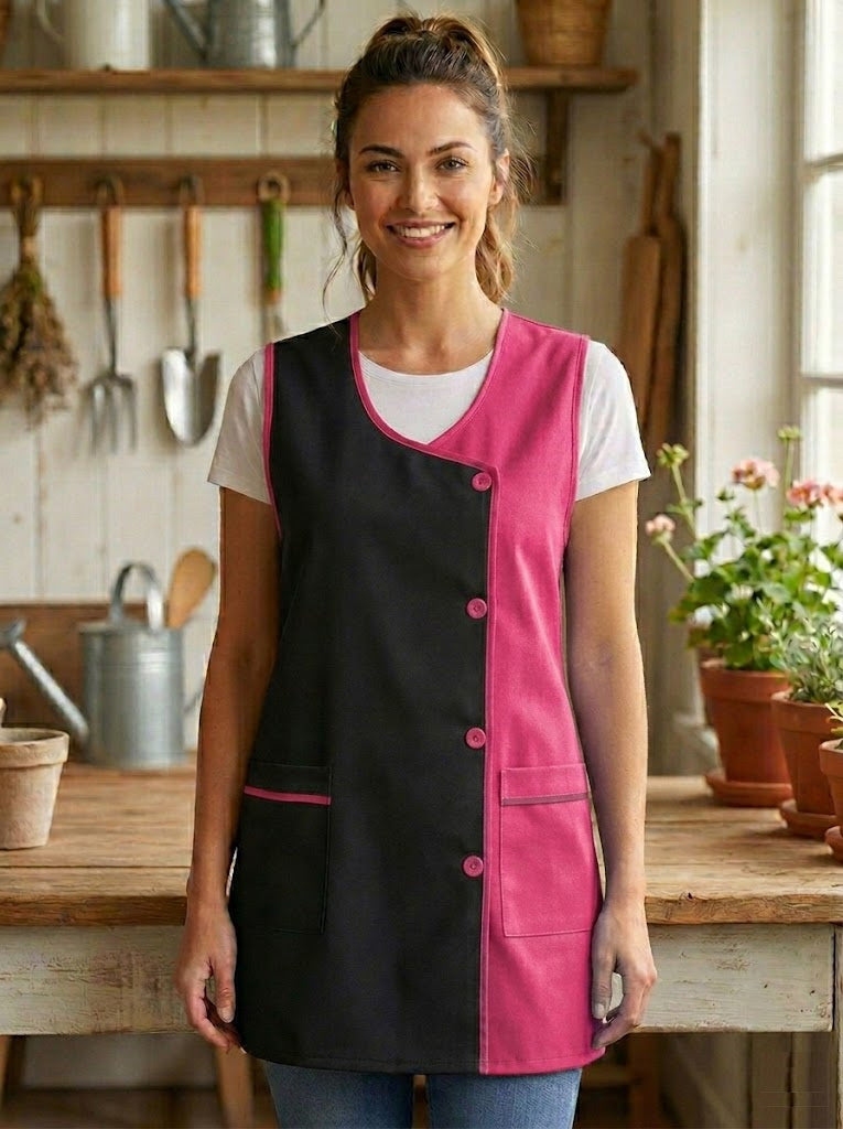 Grembiule da cucina liscio da donna, confortevole e resistente, dettagli moderni e funzionali: tasche frontali e bottoni frontali Utilizzo: cucina, casa, lavoro e attività quotidiane