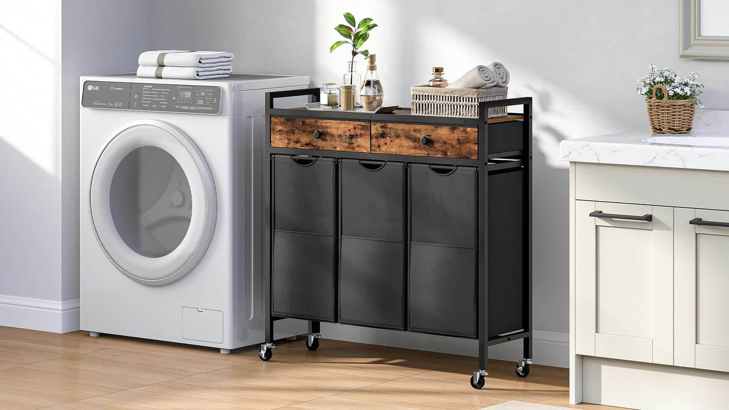 Marrone rustico e nero, scatola per bucato a 3 sezioni, cesto per bucato con 2 cassetti, borse per bucato estraibili in tessuto Oxford, cesto per lavanderia, lavanderia, cesti per bucato