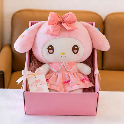 Peluche ufficiali Sanrio Kuromi e Melody in abito stile principessa soffice con fiocco rosa - il regalo di compleanno perfetto per bambine, un oggetto da collezione e un must-have per San Valentino.