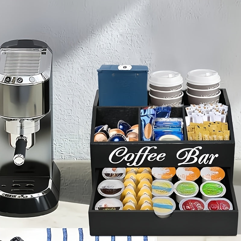 Organizzatore da bar per caffè Deluxe Freestable con cassetto - Legno adatto per cialde di caffè, accessori per tè, bustine di zucchero e formine | Ampia postazione da bancone, ufficio, bar | Organizzatore con cassetto per regali di Natale