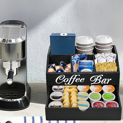Organizzatore da bar per caffè Deluxe Freestable con cassetto - Legno adatto per cialde di caffè, accessori per tè, bustine di zucchero e formine | Ampia postazione da bancone, ufficio, bar | Organizzatore con cassetto per regali di Natale