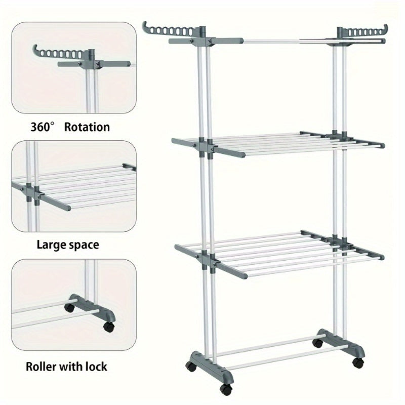 Stendibiancheria Pieghevole in Metallo Robusto a 3 Livelli con Rotelle Bloccabili - Altezza 171,96 cm, Stendibiancheria Autoportante, 24 Aste per Asciugatura, Risparmio Spazio per Interno/Esterno, Corda per Biancheria Mobile per Letto, Abbigliamento (Grig