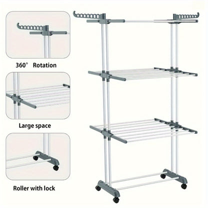 Stendibiancheria Pieghevole in Metallo Robusto a 3 Livelli con Rotelle Bloccabili - Altezza 171,96 cm, Stendibiancheria Autoportante, 24 Aste per Asciugatura, Risparmio Spazio per Interno/Esterno, Corda per Biancheria Mobile per Letto, Abbigliamento (Grig