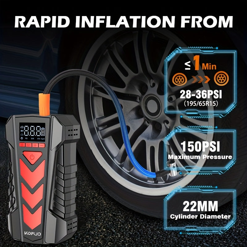 KOPUO 4000A Avviatore di Emergenza per Auto con Compressore d'Aria (9.0L Benzina/8.0L Diesel) 150PSI Avviatore di Batteria Auto Portatile, Jump Box Gonfiatore Pneumatici con Torcia LED, Display LCD, Custodia