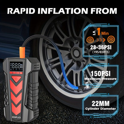 KOPUO 4000A Avviatore di Emergenza per Auto con Compressore d'Aria (9.0L Benzina/8.0L Diesel) 150PSI Avviatore di Batteria Auto Portatile, Jump Box Gonfiatore Pneumatici con Torcia LED, Display LCD, Custodia