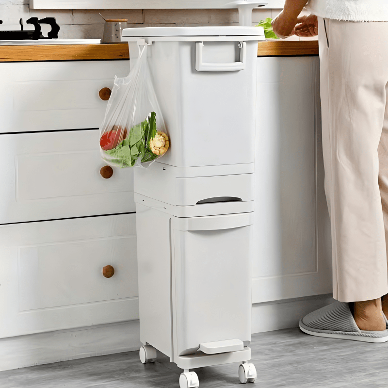 Cestino rifiuti a 3 strati stretto con coperchio - Sottile, grande capacità, doppio scomparto per separazione secca e umida con ruote e maniglie per facile spostamento, perfetto per la separazione dei rifiuti in cucina, azionato a pedale, per fessure in c