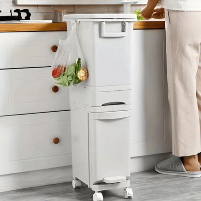 Cestino rifiuti a 3 strati stretto con coperchio - Sottile, grande capacità, doppio scomparto per separazione secca e umida con ruote e maniglie per facile spostamento, perfetto per la separazione dei rifiuti in cucina, azionato a pedale, per fessure in c