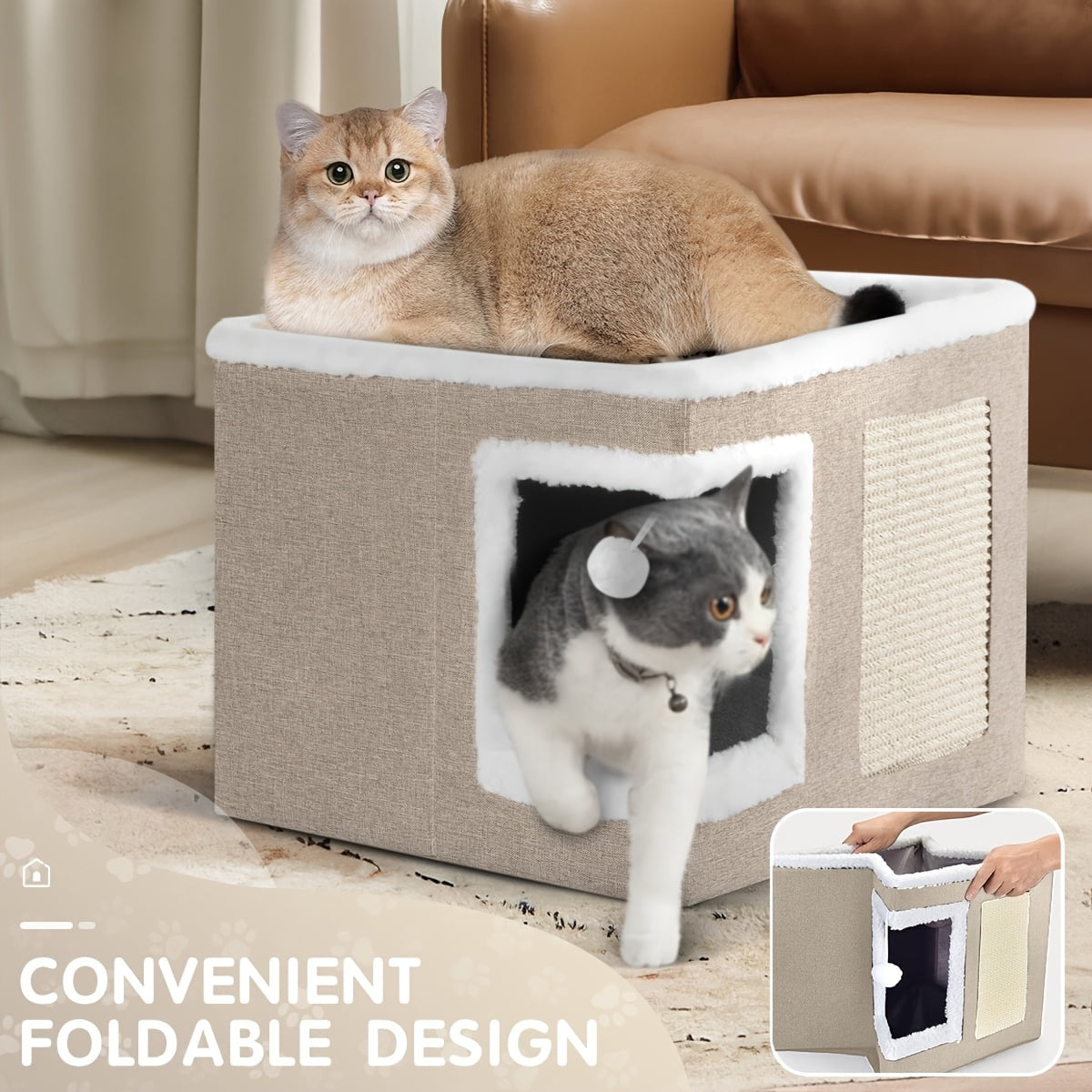 Cuccia per gatti con letti a 2 livelli, tunnel giocattolo, divano pieghevole, tiragraffi e palla sospesa in peluche - Struttura resistente in nylon, tela morbida, design chiuso per tutte le stagioni, facile da montare, cuccia a cubo per interni, unità di