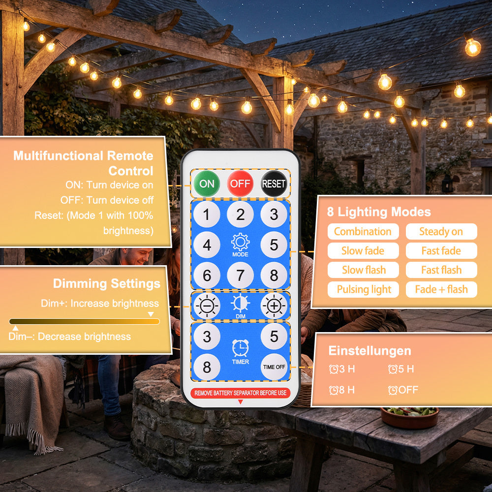 Catena Luminosa Solare da Esterno, 15M/20M/30M LED Luci da Giardino Dimmerabili Timer 8 modalità di illuminazione regolabili per Picnic Turistici, Atmosfera Decorativa, Illuminazione Cortile, Feste di Matrimonio, Cortili Esterni, Pergola Patio