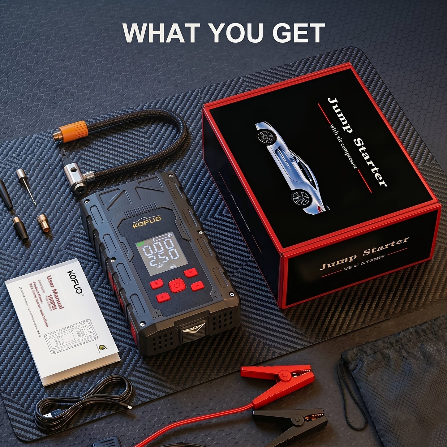KOPUO 8000A Avviatore di emergenza per auto con compressore d'aria 150PSI, Booster di batteria di emergenza 12V con martello di sicurezza, fino a motore a benzina da 10L/diesel da 8.0L, Power bank 9-in-1 con display LCD e luce di emergenza LED
