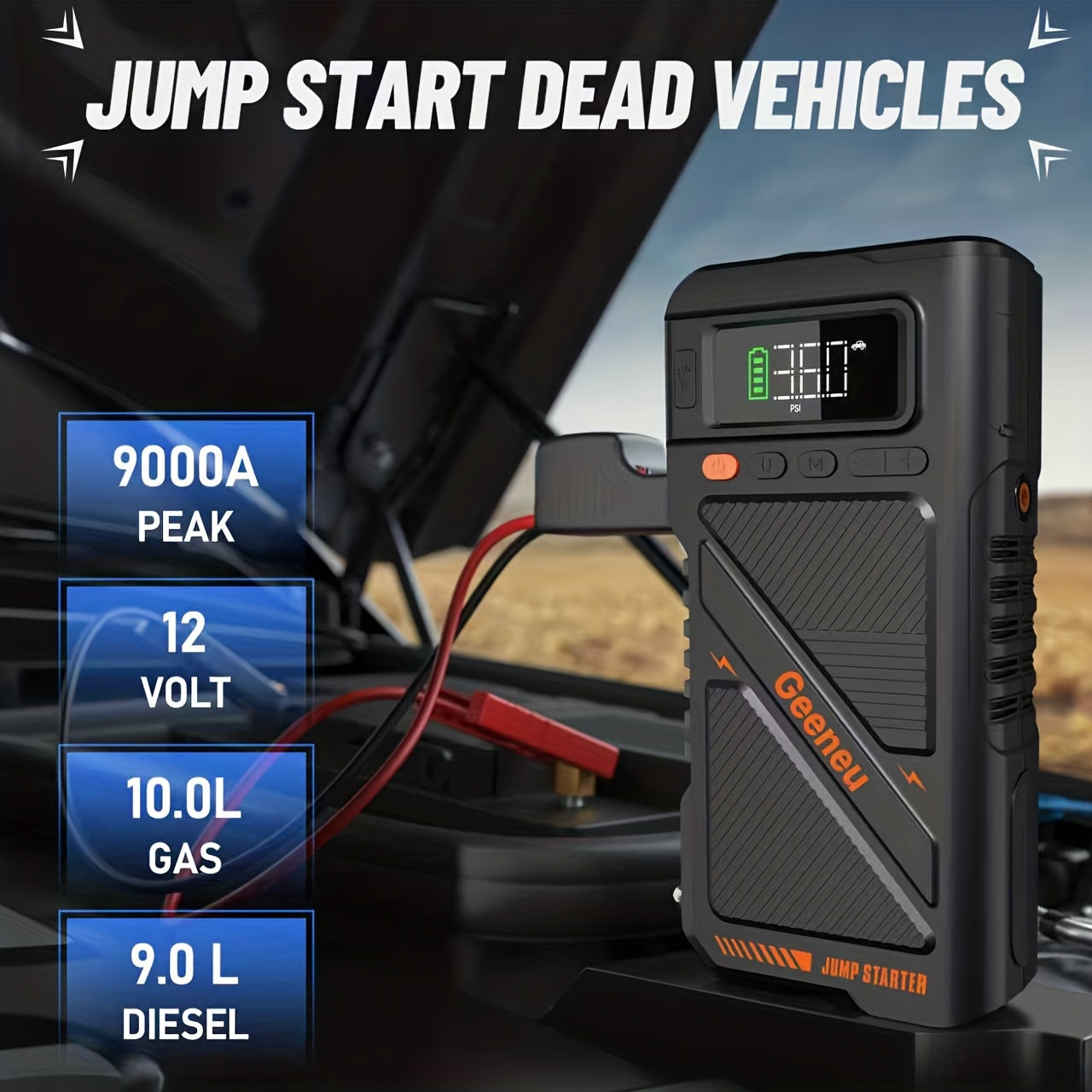 Avviatore di emergenza 9000A con compressore d'aria, scatola di avviamento di emergenza, (fino a tutti i motori a benzina e diesel da 9.0L) avviatore di emergenza per auto 12V, booster per batteria auto, power bank da 20000mAh con torcia a LED, schermo gr