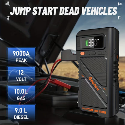 Avviatore di emergenza 9000A con compressore d'aria, scatola di avviamento di emergenza, (fino a tutti i motori a benzina e diesel da 9.0L) avviatore di emergenza per auto 12V, booster per batteria auto, power bank da 20000mAh con torcia a LED, schermo gr