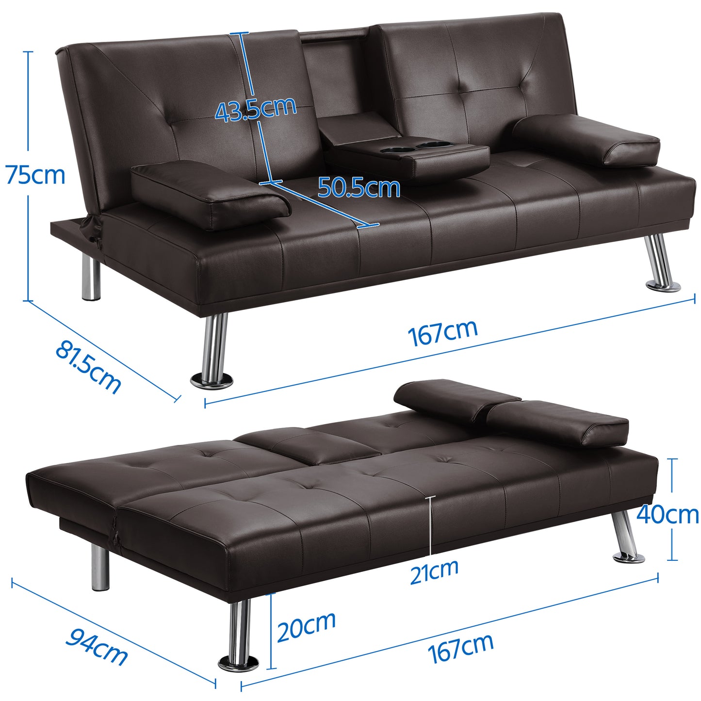 Costoffs Divano Letto a 3 Posti Divano Trasformabile con 2 Braccioli Staccabili Mobile Imbottito con Supporto Centrale Porta Bicchieri Divanetto Reclinabile da Salotto