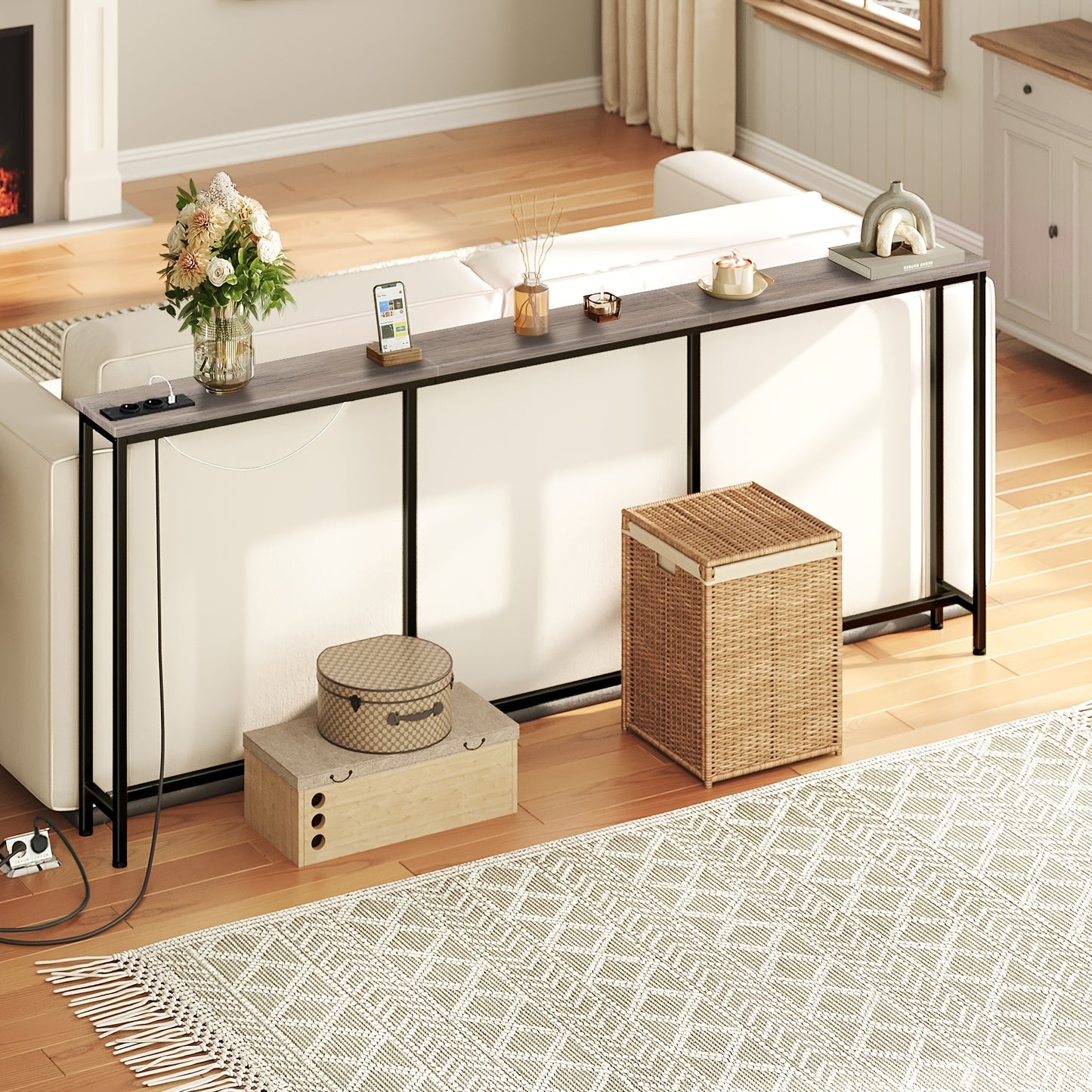 Tavolino Comodino Lungo e Sottile - Elegante Tavolino Rettangolare per Divano per Spazi Piccoli, Perfetto come Tavolino da Letto o dietro il Divano, Moderno Tavolino Sa Sottile con Organizzatore, per Soggiorno, Ingresso, Corridoio, Marrone
