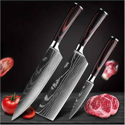 Set di 3 Coltelli Professionali, Set Coltelli da Chef in Acciaio Inossidabile ad Alto Contenuto di Carbonio, Set Coltelli da Cucina per BBQ, Regalo per Natale e Ringraziamento, Coltello Santoku Giapponese, Coltello da Macellaio, Coltello da Affettare e Ut