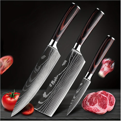 Set di 3 Coltelli Professionali, Set Coltelli da Chef in Acciaio Inossidabile ad Alto Contenuto di Carbonio, Set Coltelli da Cucina per BBQ, Regalo per Natale e Ringraziamento, Coltello Santoku Giapponese, Coltello da Macellaio, Coltello da Affettare e Ut