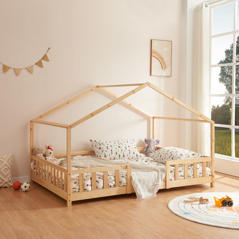 Letto per Bambini Treviolo in Stile Casa con Protezione Anticaduta in Legno di Pino