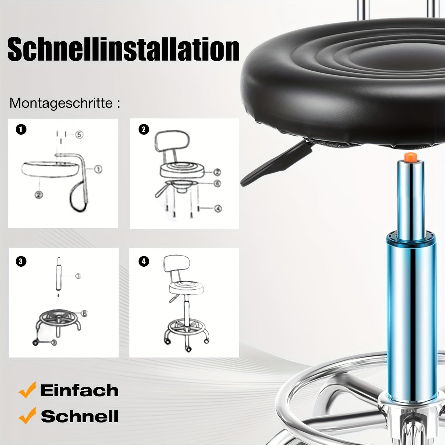 Kehot Sgabello Regolabile con Altezza Regolabile, Base Girevole a 360°, Schienale in Pelle Finta e Sede in Tessuto Riciclato - Struttura in Metallo Contemporanea, 5 Ruote per Casa, Ufficio, Cucina, Sgabello per Cucina, Ufficio, Design Moderno, Costruzione