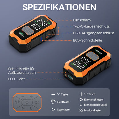 Avviatore di emergenza per auto 12000A con compressore d'aria, pompa di gonfiaggio per pneumatici senza fili, booster per batteria con power bank e torce LED, scatola di avviamento automatico 12V per tutti i veicoli a benzina o diesel da 10.0L, doppio dis