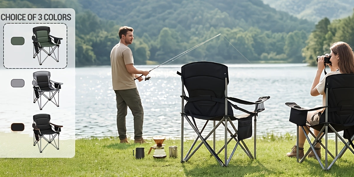 Sedia da campeggio, capacità 220 kg, sedia da campeggio pieghevole con borsa frigo, portabicchieri, borsa da trasporto, schienale alto, comodamente imbottita, sedia da pesca, sedia pieghevole per giardino, balcone, spiaggia, nero e verde/nero e grigio/ner