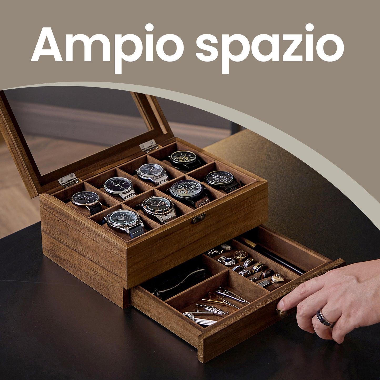 Scatola Porta Orologi in Legno, Custodia per Orologi Meccanici e Gioielli a 8 Scomparti con Coperchio in Vetro, Fodera in Velluto, Inserti Imbottiti, Organizzatore per la Casa, Scelta Regalo Ideale, Scatola Regalo di Natale
