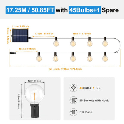 Luci a stringa solari G40, fino a 18m, IP65, 8 modalità, timer, dimmerabili, lampadine trasparenti con filamenti caldi, da appendere a patio/giardino, accensione/spegnimento automatico, LUCE per un'atmosfera perfetta