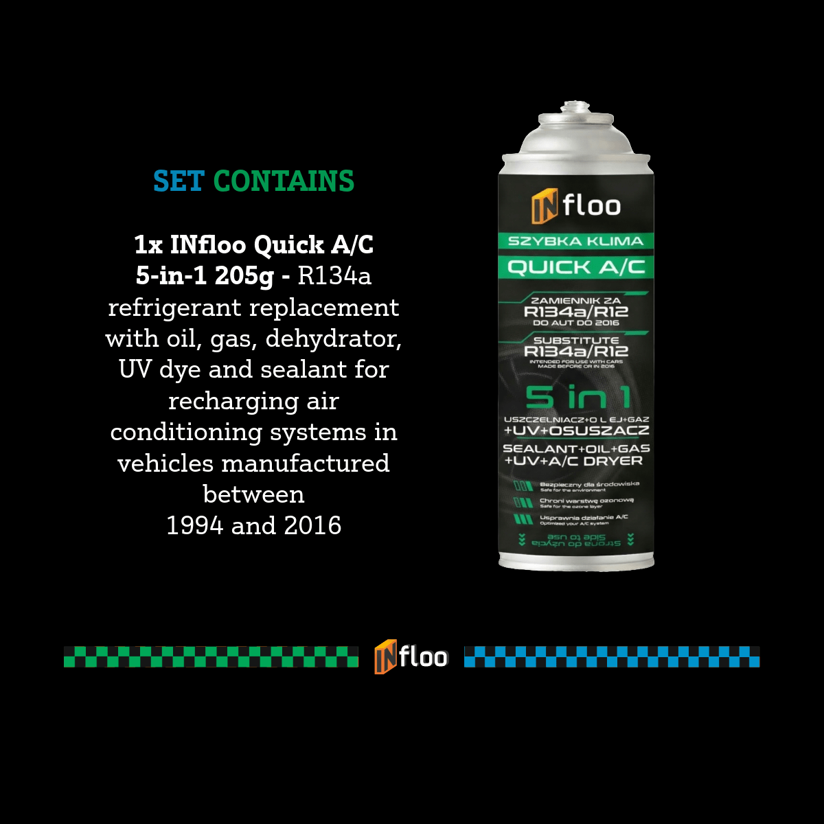 Kit Infloo Quick Climate R134A 5W1 Sigillante Gassoso UV Asciugatore Bottiglia Gassosa Tubo Flessibile con Manometro Refrigerante per Auto Fino al 2016 Anno Servizio Aria Condizionata Indipendente Raffreddamento Rapido Sigillatura e Controllo della Pressi