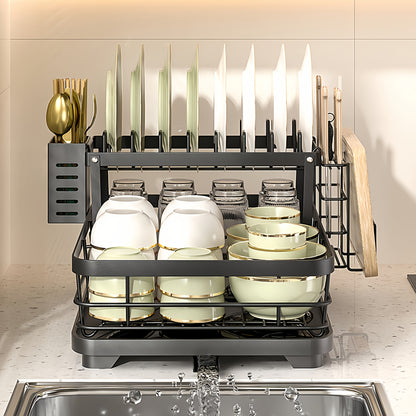 1 pezzo Organizzatore per Piatti in Metallo - Organizzatore per Piano Cucina Salvaspazio con Scolapiatti, Porta Utensili e Ganci per Tazze, Scaffale Pieghevole a Due Livelli per Piatti, Ciotole, Posate - Ideale per Cucine Domestiche e Commerciali, Asciuga