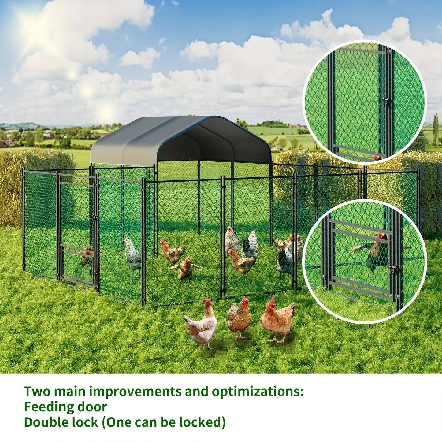 Gallinaccio da esterno in metallo: Gallinaccio in metallo zincato resistente, recinto per pollame, gabbia a visitatore, con copertura Oxford anti-ultravioletti e copertura resistente all'acqua, per galline, anatre, oche da esterno, per cortile, fattoria