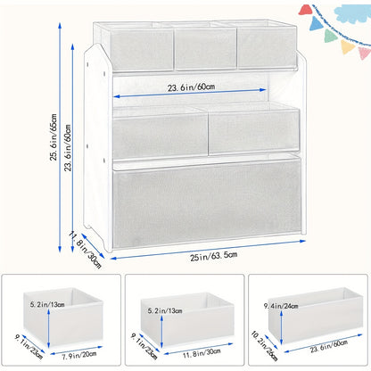 Armadio portaoggetti a 1 pezzo con cassetti, ripiano pratico, forniture per riporre, può essere usato come libreria, scaffale di stoccaggio, scaffale a tre livelli con più cassetti, scatola di stoccaggio in tessuto non tessuto, camera da letto, sala gioch