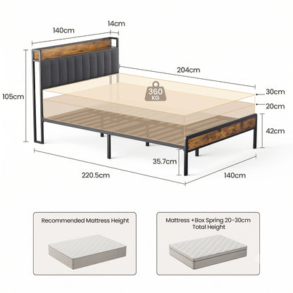 Letto matrimoniale elegante in legno imbottito con struttura in metallo, con rete a doghe in legno e testiera di supporto - Perfetto per qualsiasi camera da letto (Grigio scuro, Grigio)