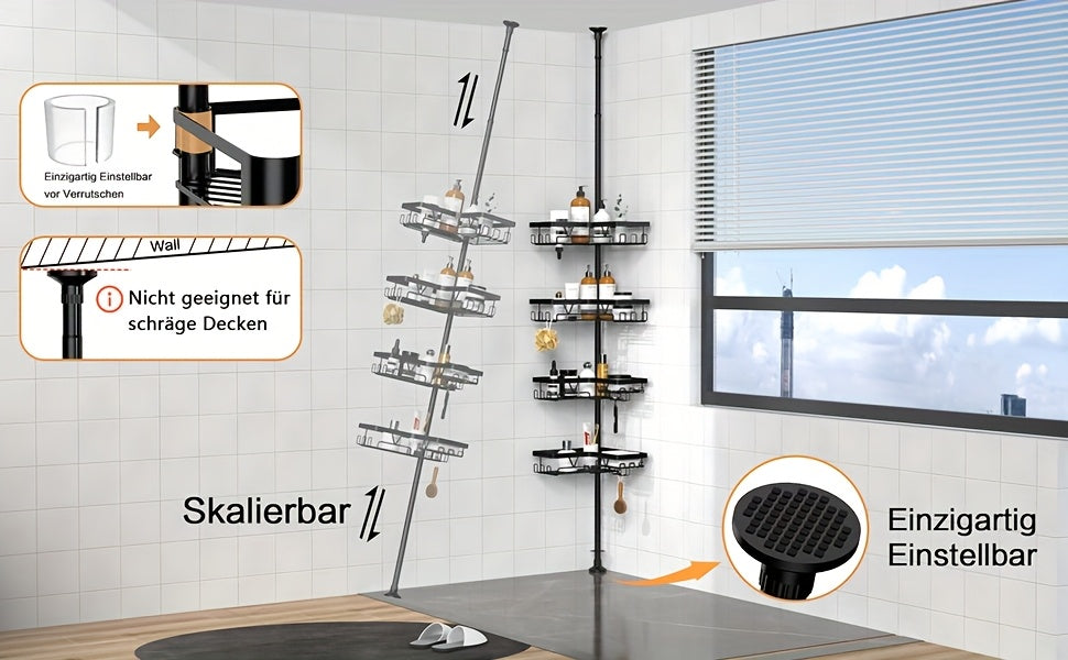 Un robusto e alto ripiano angolare per il bagno, un ripiano angolare regolabile per la doccia che non richiede foratura, dotato di un rack portaoggetti nero a 4 ripiani resistente alla ruggine, ideale per organizzare le aree angolari della doccia - Perfet