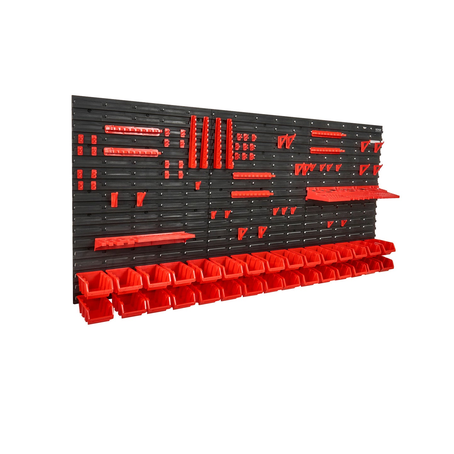 VEVOR Contenitori da parete, Scaffale organizzatore per pezzi da 30 scomparti, Attrezzo da officina in plastica per garage con pannelli a muro/portautensili/ganci, Organizzatore di utensili per dadi, bulloni, viti, chiodi, perline, bottoni, Nero e Rosso