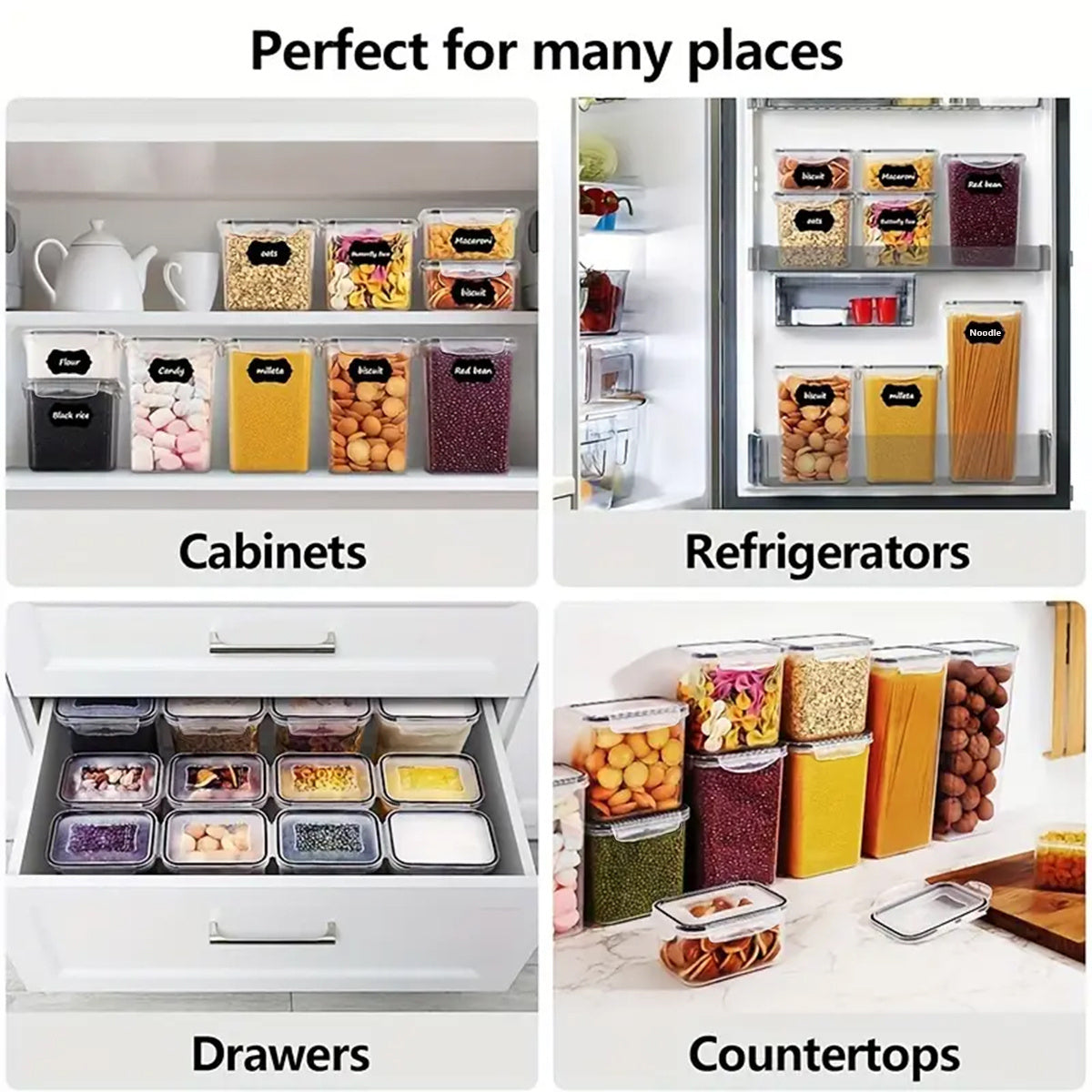 72/46 Contenitori Grandi Sigillati per Alimenti con COPERCHI, Contenitori in Plastica per la Conservazione di Cereali, per Organizzare e Conservare Zucchero, Farina e Articoli per Pasticceria in Cucine e Dispense, con Etichette e Segni