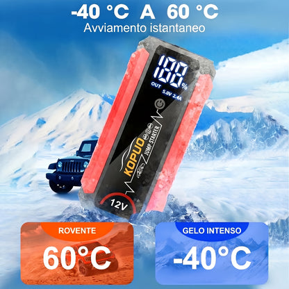 Avviatore di emergenza per auto KOPUO 6000A Peak 12V con display LCD e ricarica rapida, booster di batteria portatile per motori a benzina da 8,0L/diesel da 7,5L, kit di emergenza con torcia stroboscopica LED SOS per veicoli
