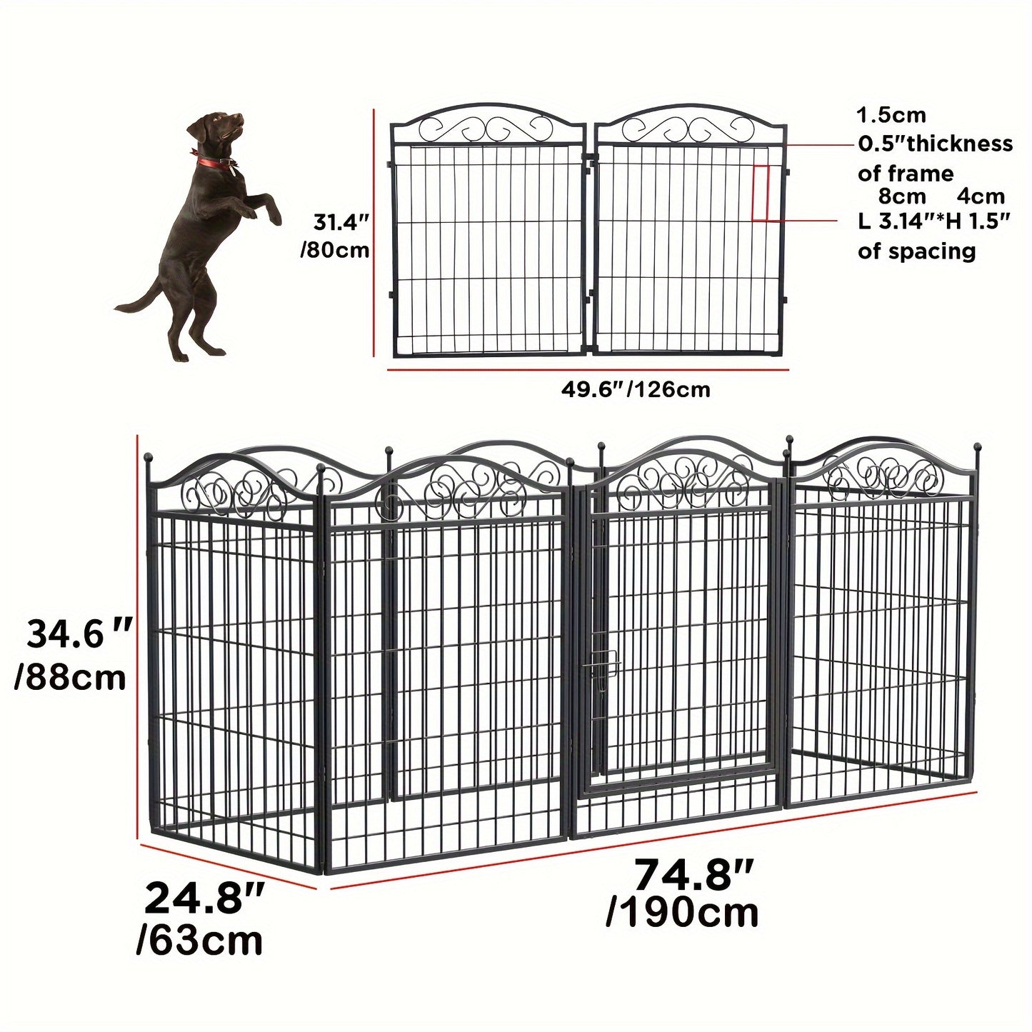 Pannello per cani in metallo per uso intensivo a 8 pannelli: Recinto per animali domestici, Recinto pieghevole per esercizio canino, con cancello, per cani di taglia piccola e media, Recinto per cuccioli, Recinto da gioco ed esercizio, per interni ed este