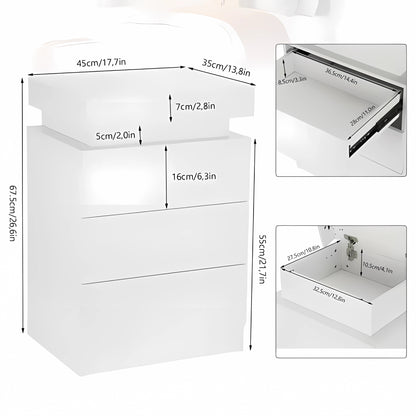 Comodino Lucido con 2/3 Cassetti, Comodino LED e Moderno Scrivania, Tavolino Laterale con Illuminazione LED a 16 Colori per Soggiorno, 45X35X55Cm / 45X35X67Cm, Bianco/Nero