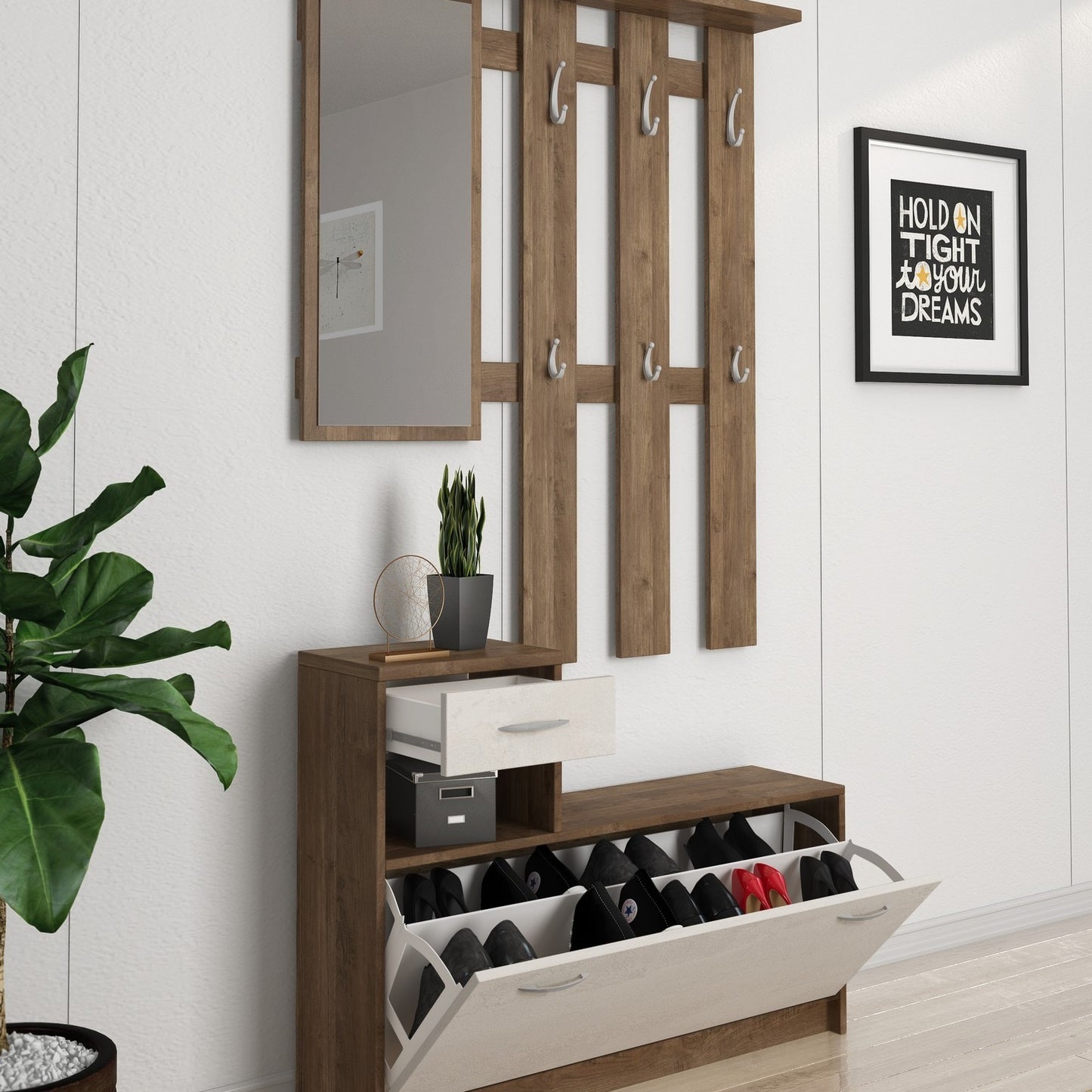Mobile da ingresso Dbiagin, Entratina moderna, Mobile con scarpiera, Armadio multiuso con specchio, 100x25h180 cm, Disponibile in 5 colori