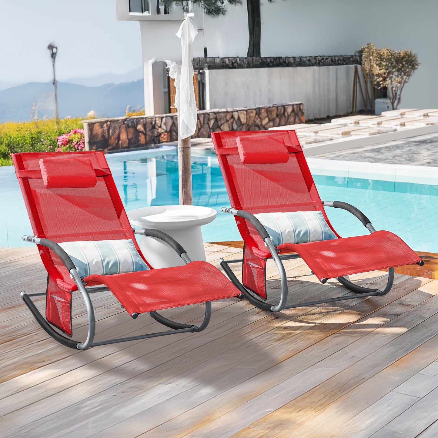 1 Pezzo Lettino Prendisole Lettino da Giardino Sdraio Relax Sedia a Dondolo da Esterno con Cuscino Poggiatesta Superficie Ergonomica Tessuto Resistente agli Agenti Atmosferici Struttura in Metallo Tasca Laterale Portata Massima 150 kg Terrazza Balcone Gia
