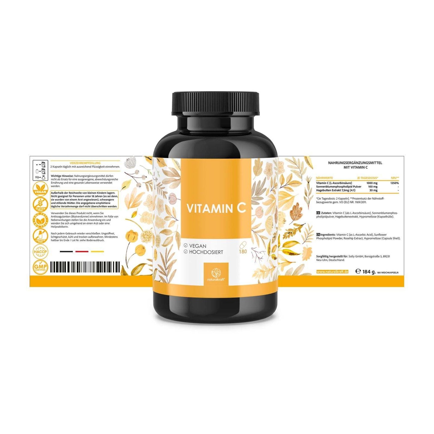 NATURALKRAFT® Vitamina C Premium 1000 mg Dose Giornaliera con Polvere di Fosfolipidi di Girasole ed Estratto di Rosa Canina – 180 Capsule Vegane – Biodisponibilità Migliorata, Testato in Laboratorio e Senza Additivi
