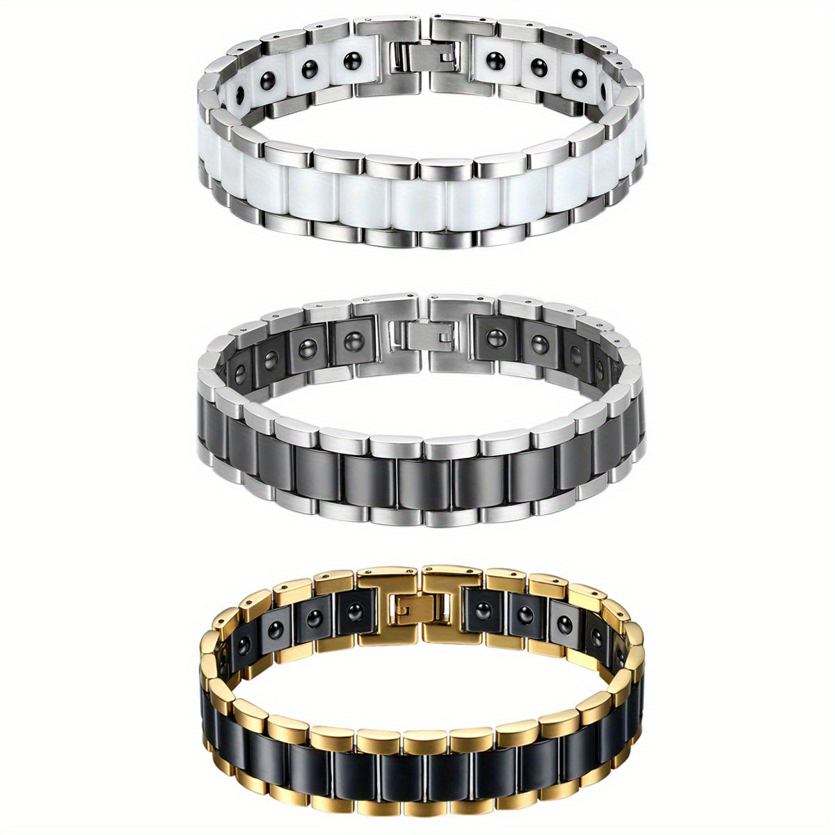 Bracciale Magnetico Uomo JewelryWe, Bracelet Ceramica Moda a Link Rettangolari in Oro Argento Nero Bianco Stile Moderna, Gioiello Benessere Design Classici e Contemporanee di Alta Qualità per Polso Unisex Accessorio Casual