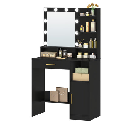Toilette con Specchio e 10 Luci LED, Toilette con 3 Ripiani e 4 Scomparti Aperti, Toilette con Ampio Cassetto e Armadietto, 3 Livelli di Illuminazione Regolabili, Bianco, Greige