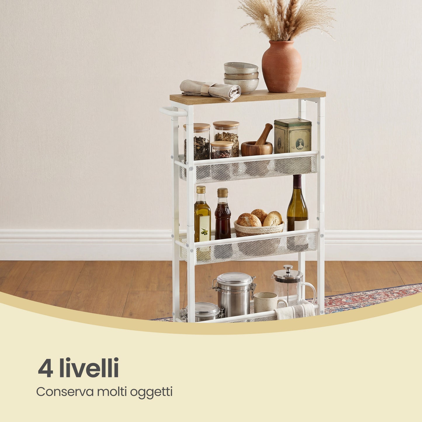 Carrello multiuso con rotelle, design sottile, si inserisce perfettamente negli spazi della cucina. Adatto per l'uso vicino alle cappe aspiranti, nei bagni e accanto ai frigoriferi.