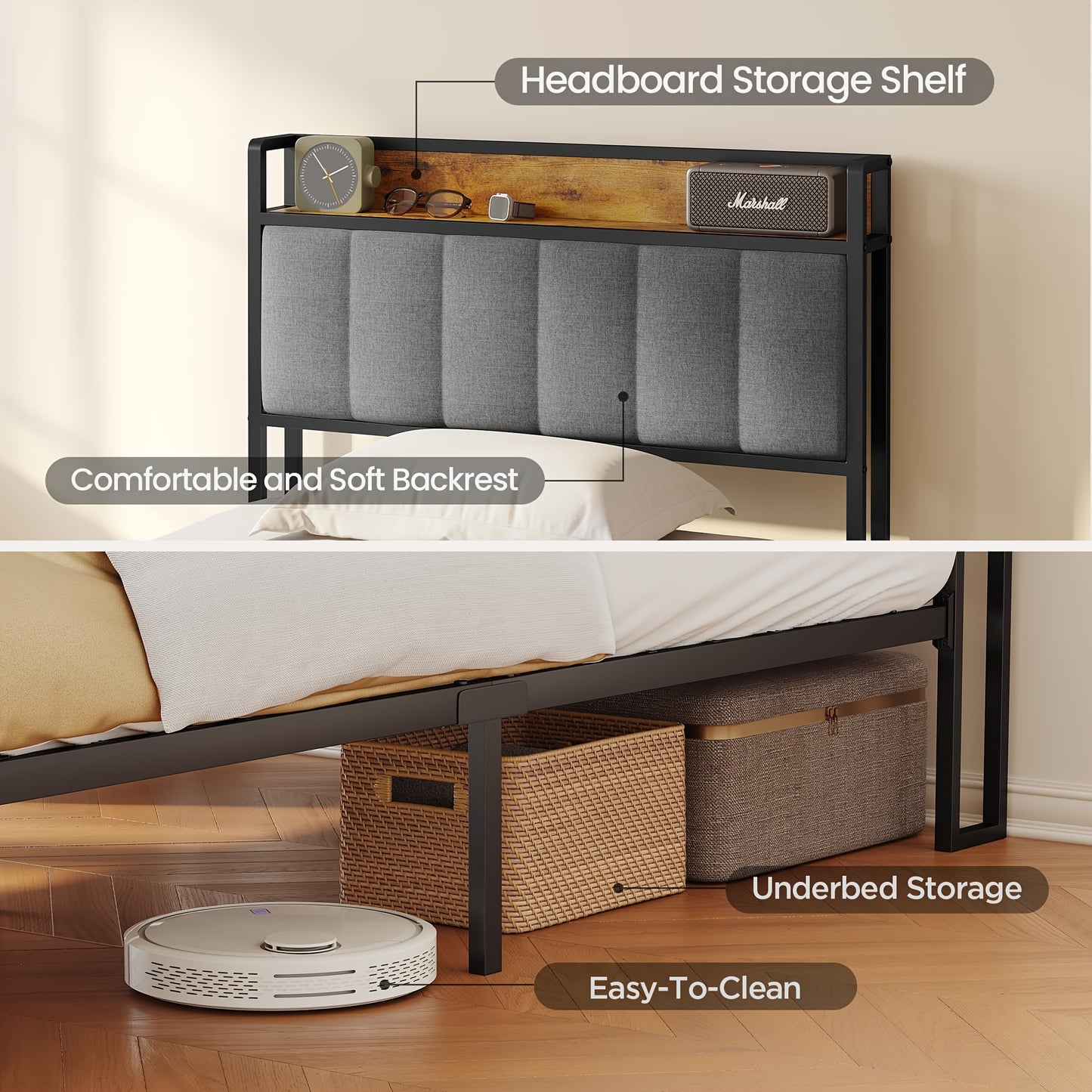 Letto matrimoniale elegante in legno imbottito con struttura in metallo, con rete a doghe in legno e testiera di supporto - Perfetto per qualsiasi camera da letto (Grigio scuro, Grigio)