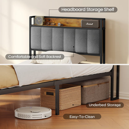 Letto matrimoniale elegante in legno imbottito con struttura in metallo, con rete a doghe in legno e testiera di supporto - Perfetto per qualsiasi camera da letto (Grigio scuro, Grigio)