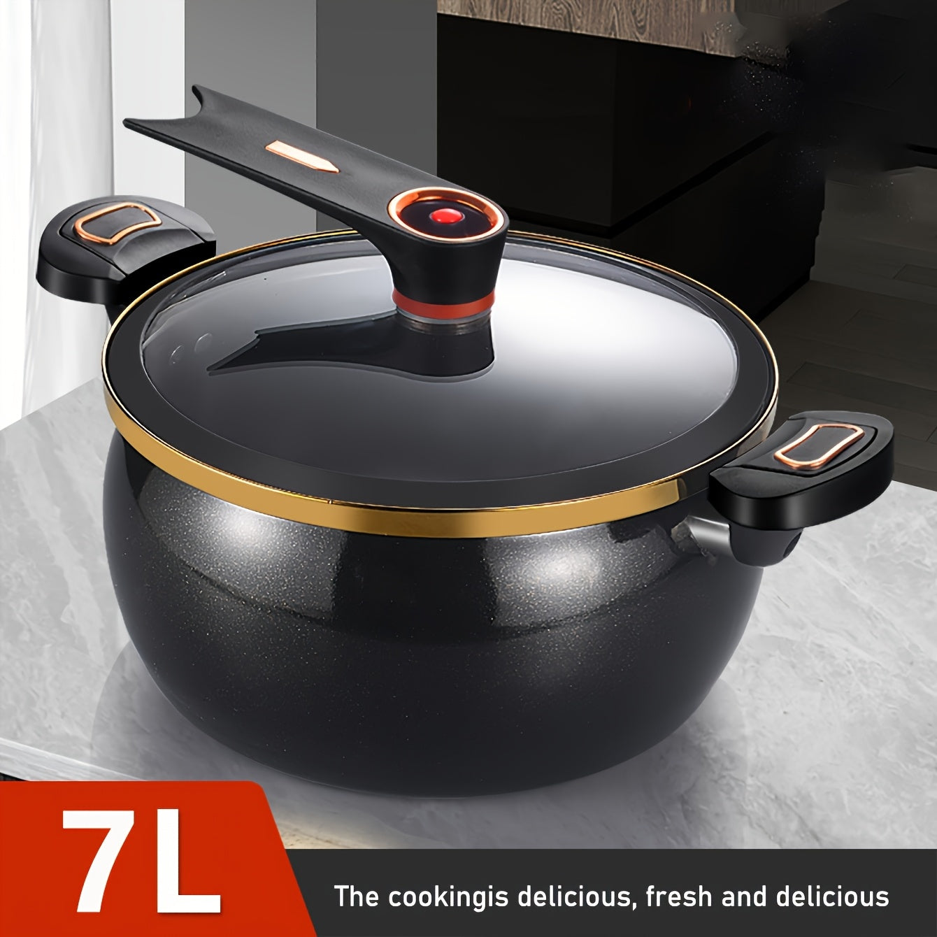 Pentola multiuso a doppia maniglia da 7 litri, disponibile in tre colori, con una generosa capacità di 25,4 cm, in ferro spesso, con coperchio in vetro e bordo dorato. Perfetta per zuppe, stufati e altro, ideale come regalo di Halloween e Natale in un mag