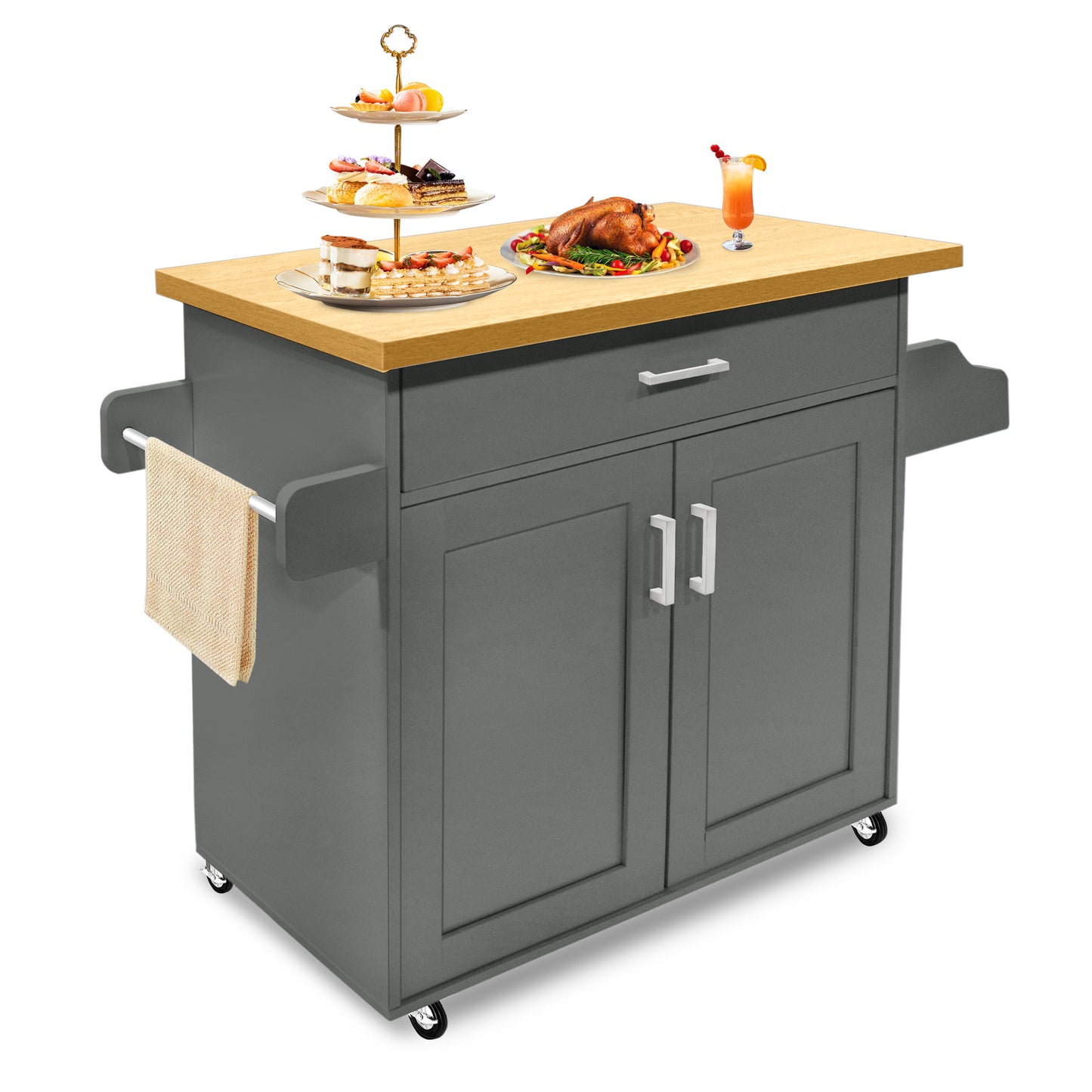 Carrelli per Servizi Alimentari 115X36X90Cm Isole da Cucina Mobili MDF Piano Lavoro Carrello da Cucina con Rotelle, Cassetto, Scaffale, Porta Asciugamani & Porta Spezie Carrello Capacità di Carico Fino a 50KG Carrello da Pranzo per Feste