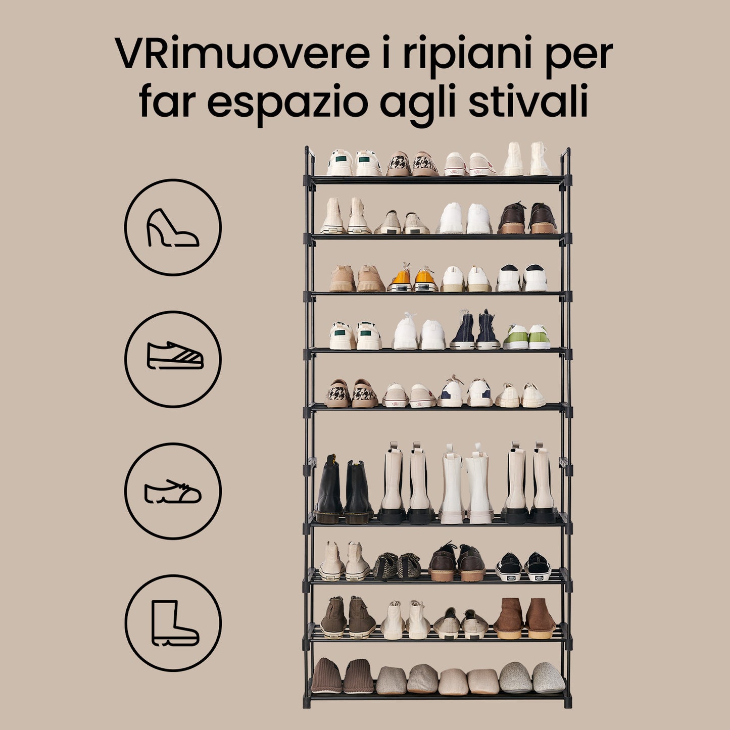 Scarpiera a 10 Ripiani, Armadio Aperto per Scarpe, Scaffale per Scarpe Autoportante, Alto e Stretto, Portascarpe, Conservazione Scarpe, in Metallo, Salvaspazio, Facile da Montare, Portatile, per Casa in Affitto, Ingresso, Corridoio, Camera da Letto, Uffic