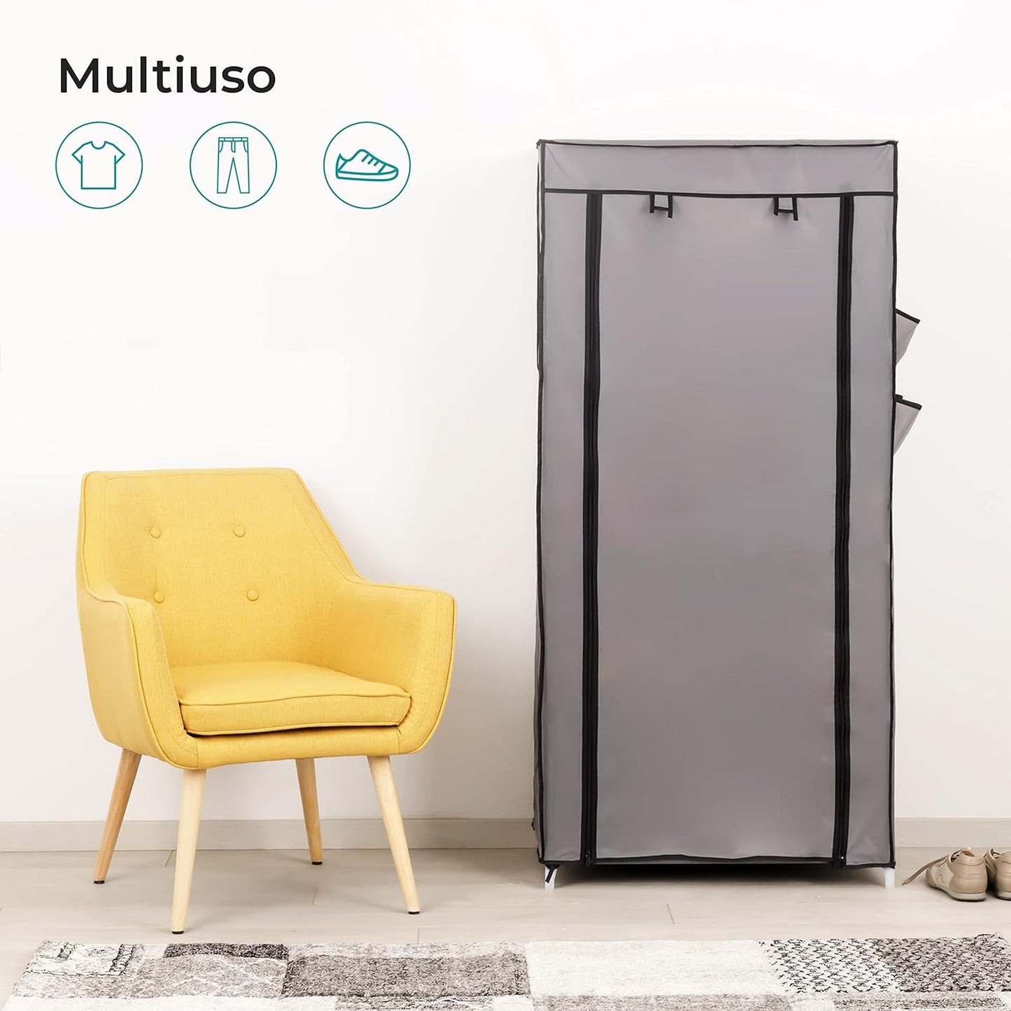 Baroni Home Armadio in Tessuto Richiudibile 70x46x145 cm Grigio 3 Ripiani e 1 Barra Appendiabiti, Guardaroba in Tessuto non Tessuto Pieghevole Salvaspazio con Struttura in Ferro per Camera da Letto, Cabina Armadio, Campeggio, Cameretta, Lavanderia, Mobile