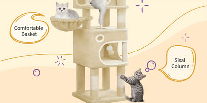 Torre per gatti beige, alta 159 cm con 8 tiragraffi, 3 livelli, 2 rifugi, un cesto, palline di peluche e corda in sisal, ideale per gatti di diverse dimensioni